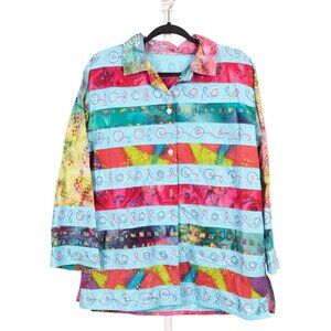 Vibrant Boho Button Up Shirt M L Swirl Embroidery Tie Dye Striped Art to Wear
